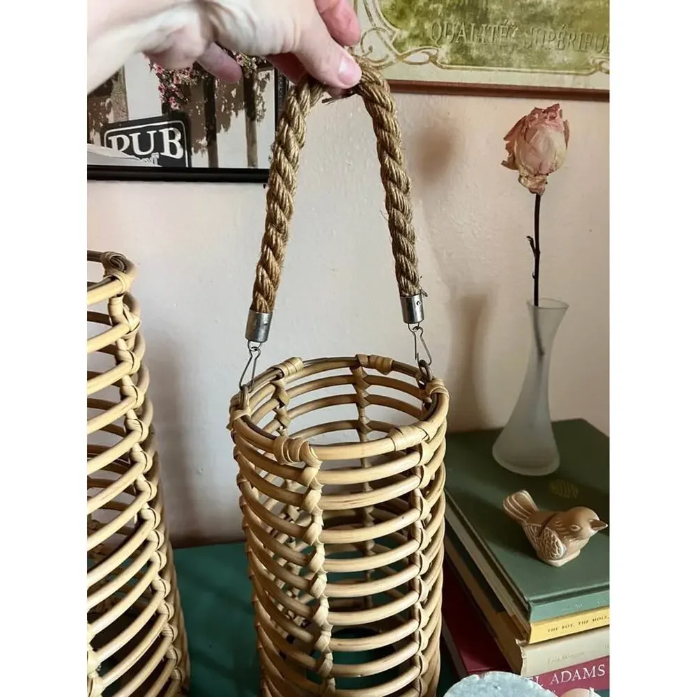 Set of 2 Coastal Woven Lantern Baskets / Candle Holders